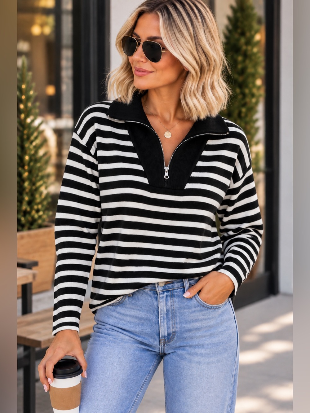 Black & White Striped Quarter-Zip Sweater - 948-959